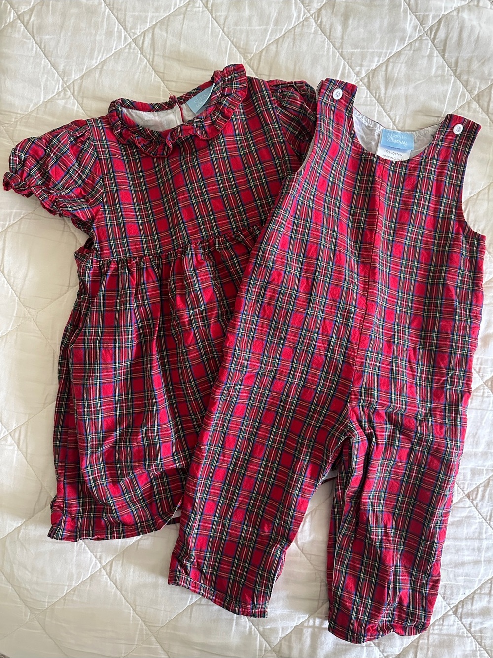 Classic Whimsy Red Tartan Plaid Dress & Boys Romper Set